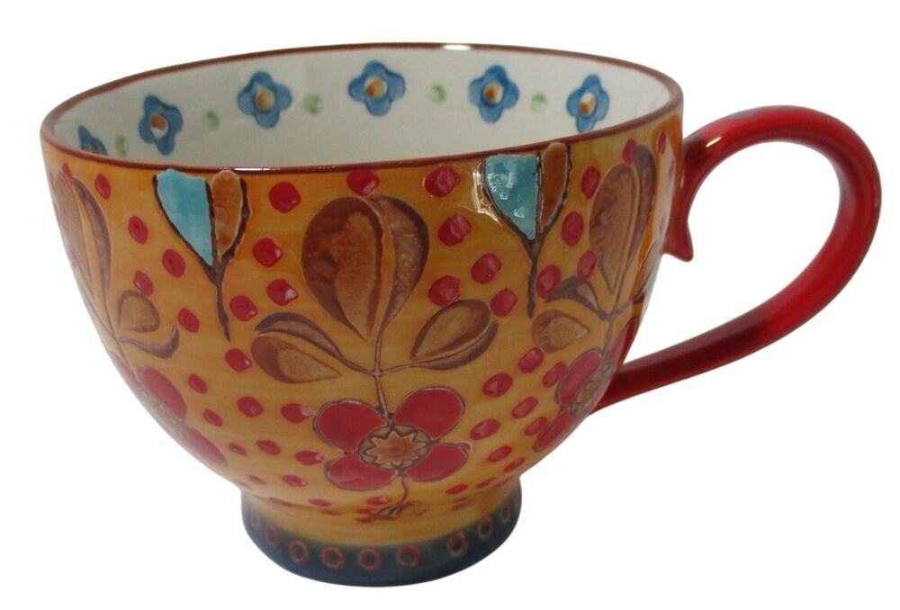 Dutch Wax Ceramic Footed Yellow & Red Floral Coffee / Tea Mug 14oz